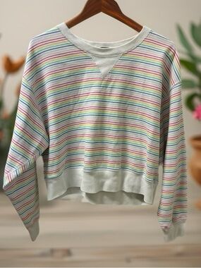 Abercrombie & Fitch White Pullover with Pastel Rainbow Stripes Size Large